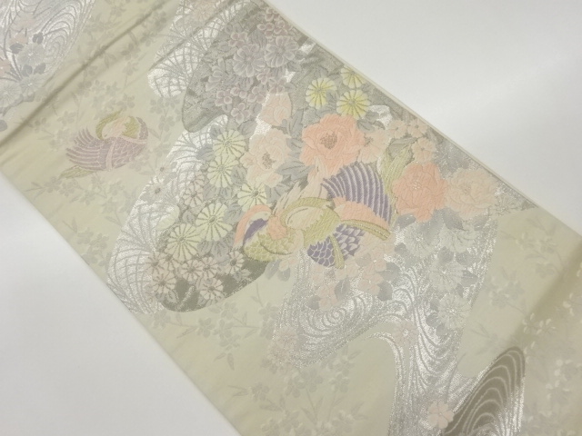 JAPANESE KIMONO / VINTAGE FUKURO OBI / PLATINUM FOIL / WOVEN STREAM & FLOWERS